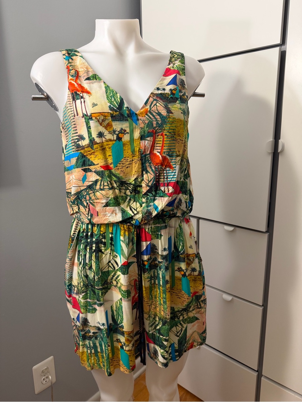 Nicole Miller Tropical Print Sleeveless Romper - Multicolor Green/Blue